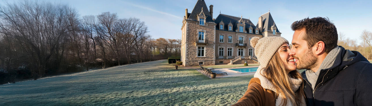 koppel dat elkaar kust voor een kasteel